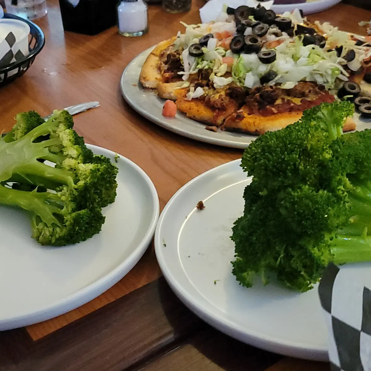 Taco Pizza and Steamed Broccoli