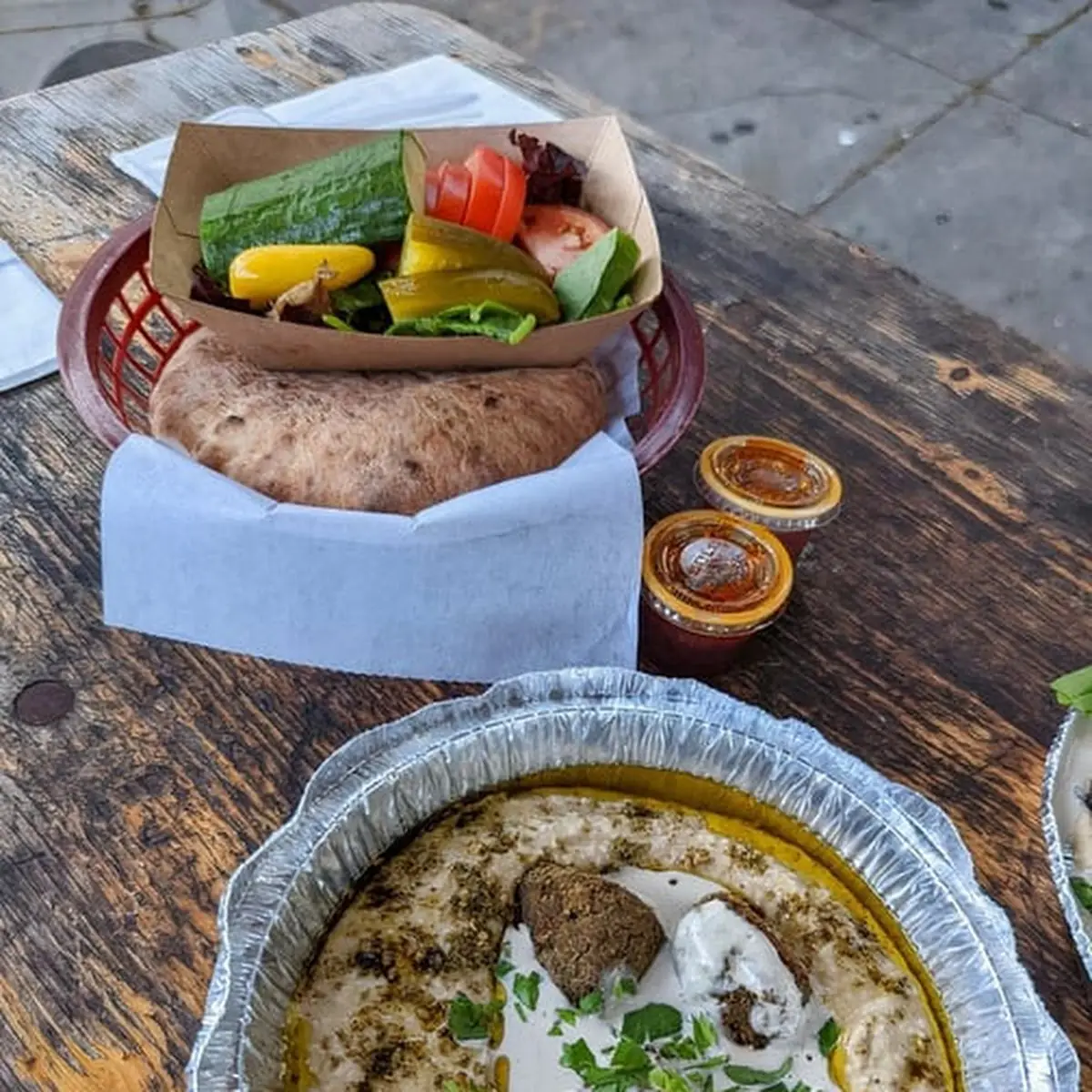 Ful Hummus and Baked Falafel Plate