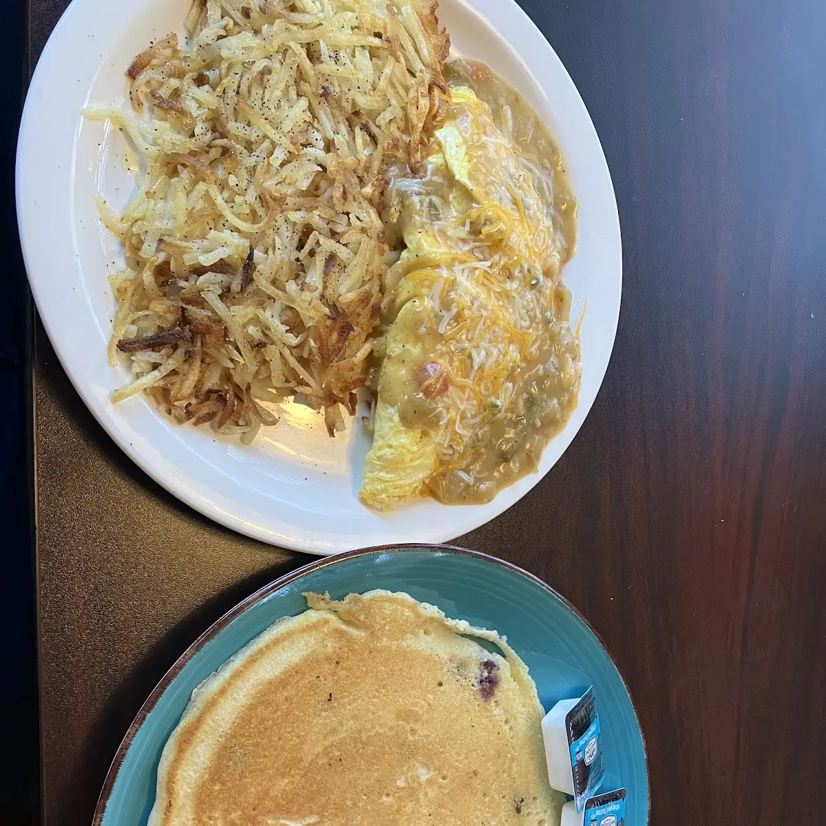 Green Chile Cheese Omelette with Blueberry Pancake