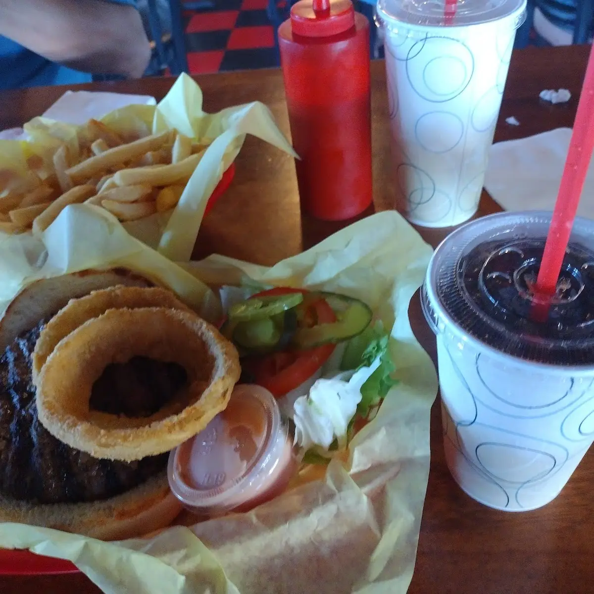 Bourbon Burger with Onion Rings