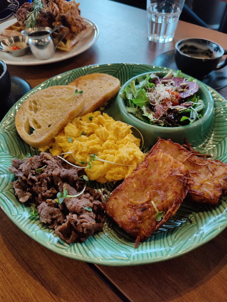 Fisherman's Feast Scrambled Eggs Hashbrowns Korean Sweet Beef Sourdough and Salad