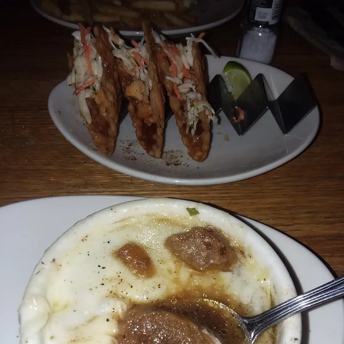 French Onion Soup and Chicken Taco Sampler Platter