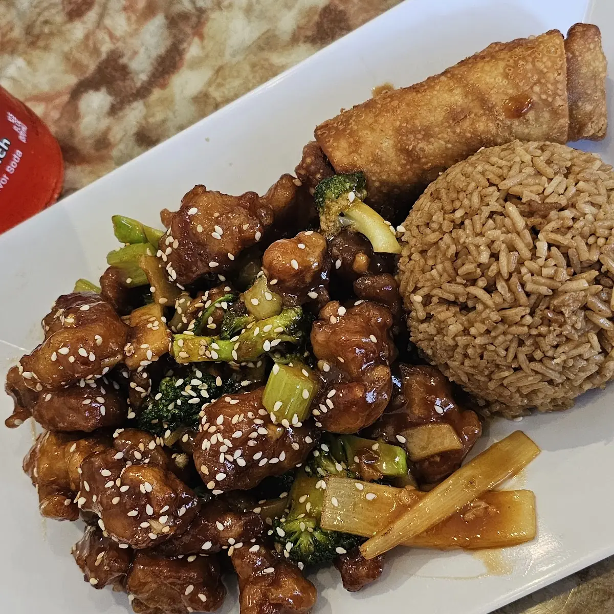 Sesame Seed Chicken Fried Rice and Egg Roll