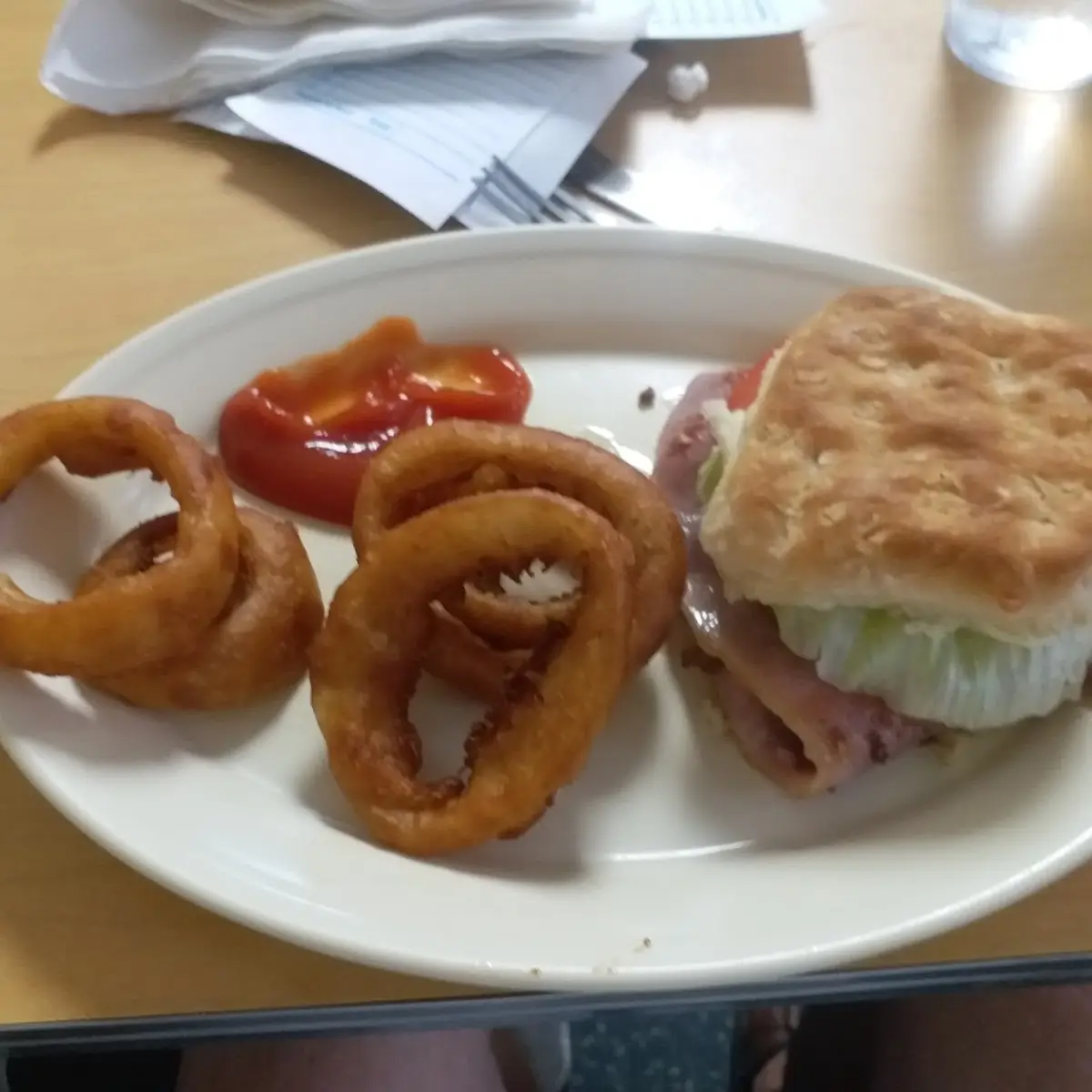 Country Ham Biscuit and Onion Rings