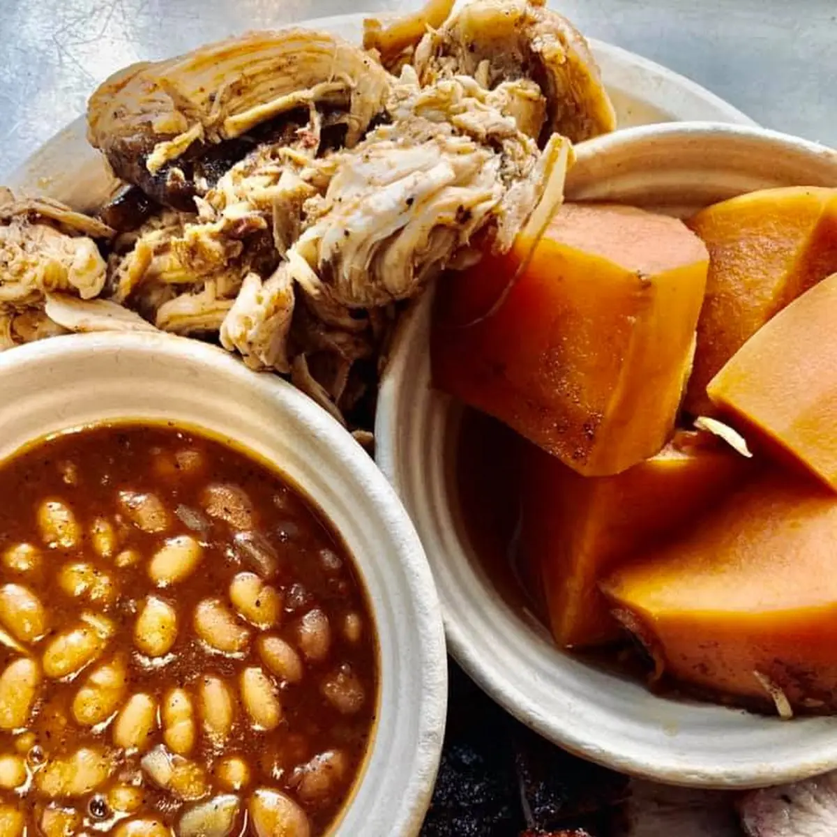 Pork Belly Pulled Chicken Yams and Baked Beans