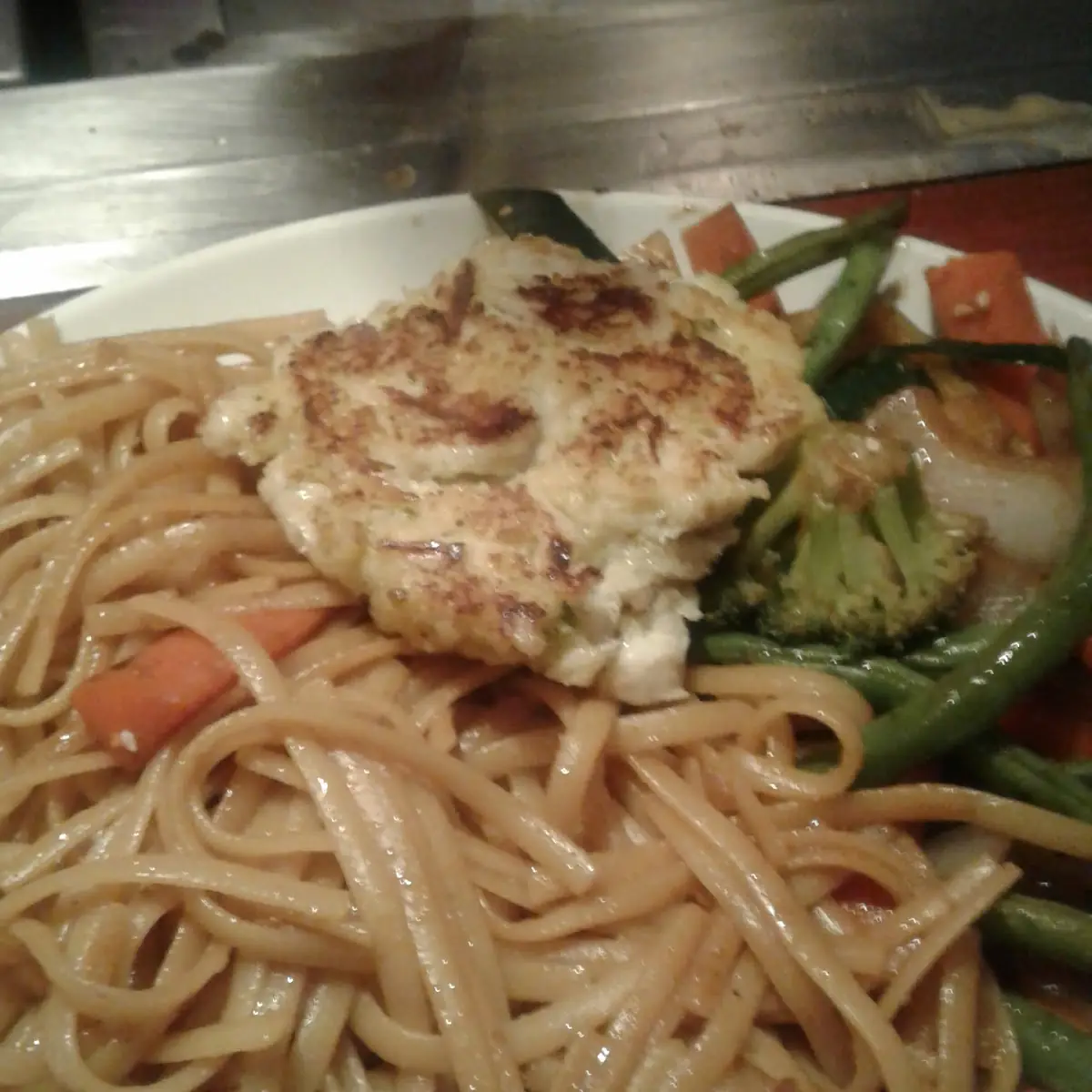 Noodles Crab Cake Shrimp Steak Vegetables