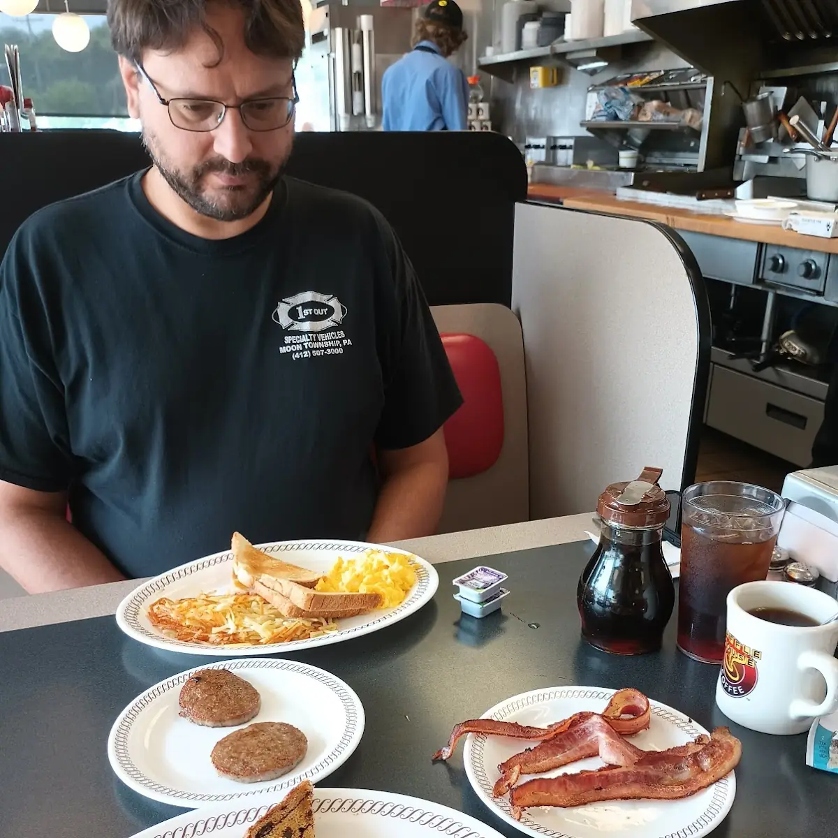 Eggs-Scrambled with Cheese Toast Bacon Sausage Waffle Hash Browns and Tea