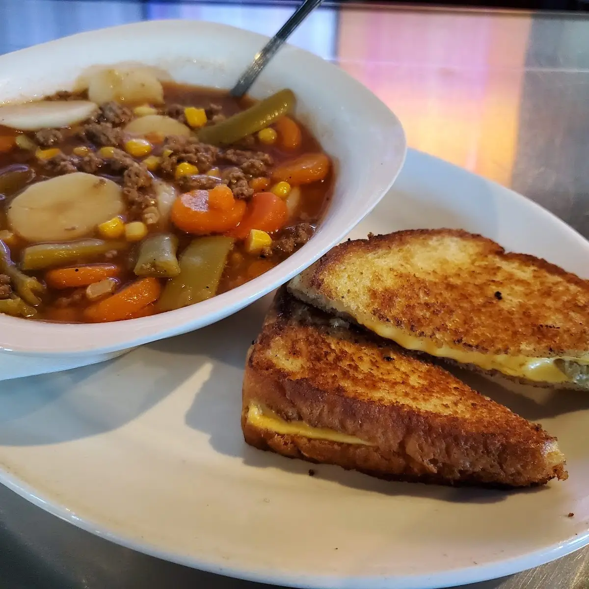 Beef Stew and Grilled Cheese Sandwich