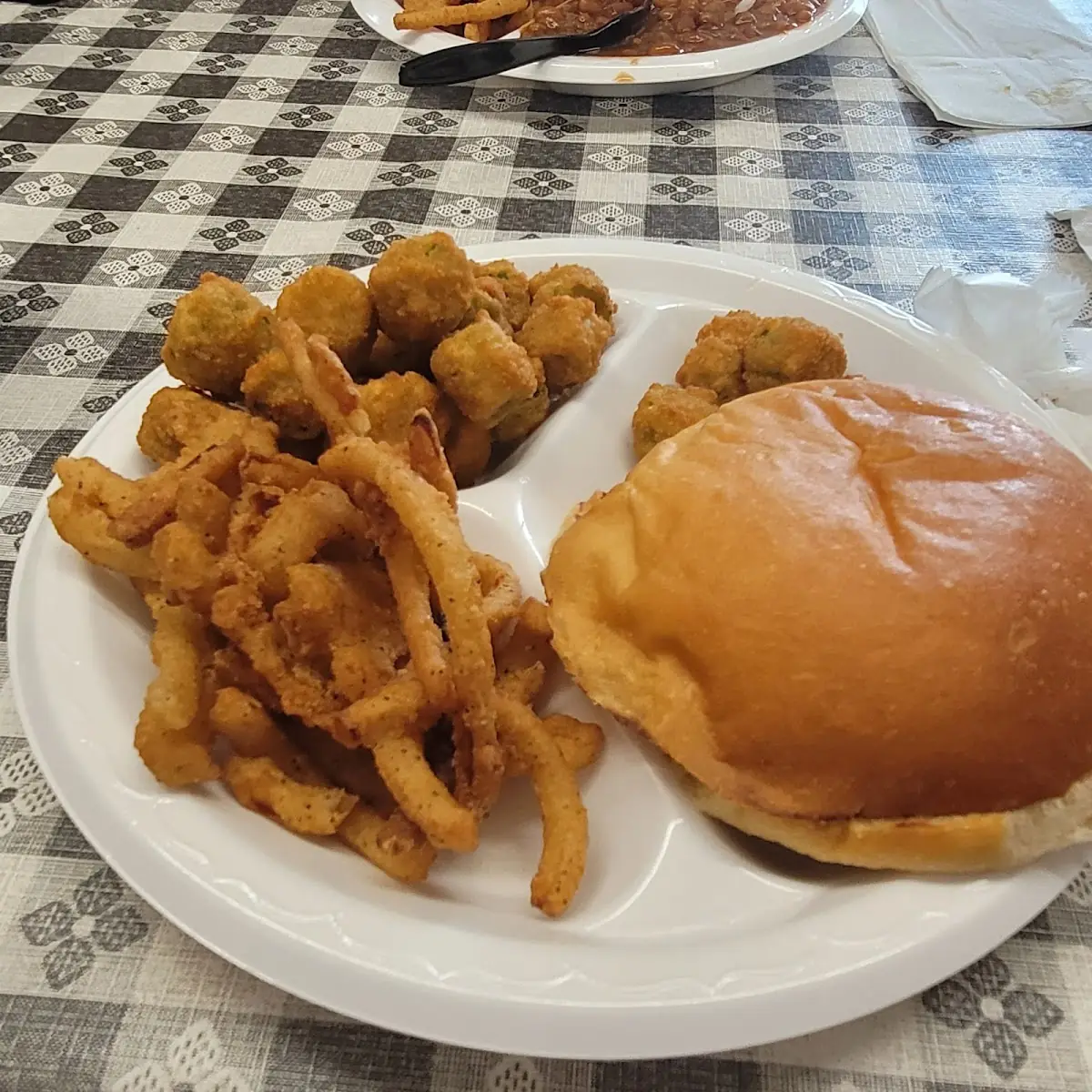 Hamburger with Onion Rings and Okra