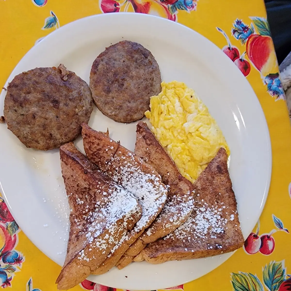 French Toast with Scrambled Eggs and Sausage