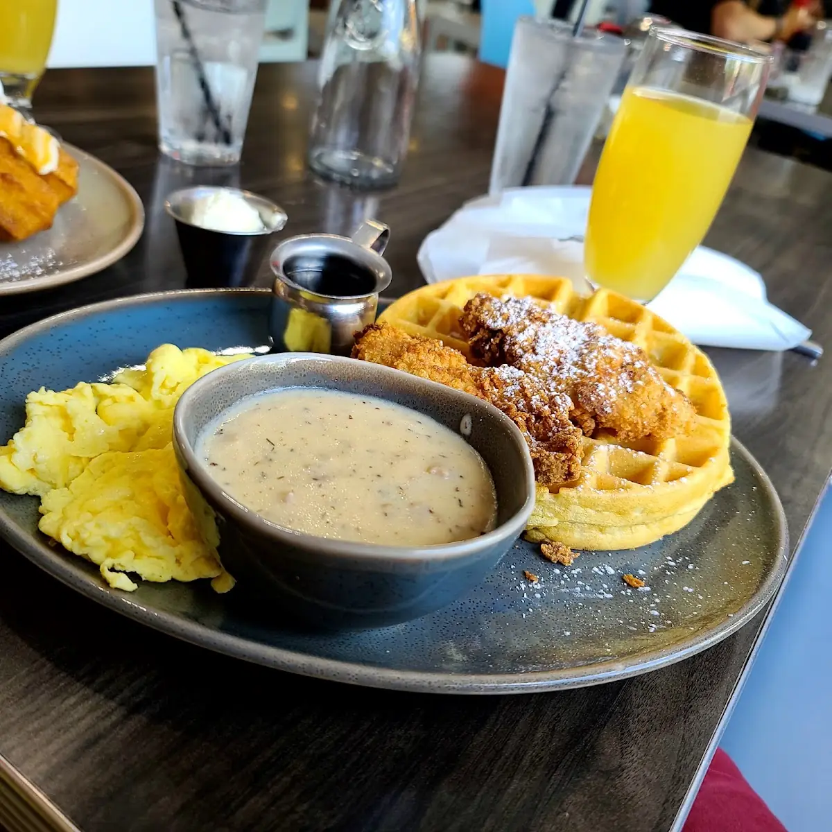 Chicken and Waffles w Scrambled Eggs & Sausage Gravy