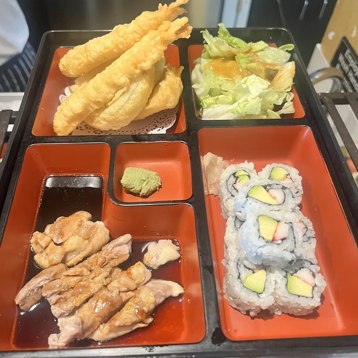Teriyaki Beef Bento Box with a Dragon Roll