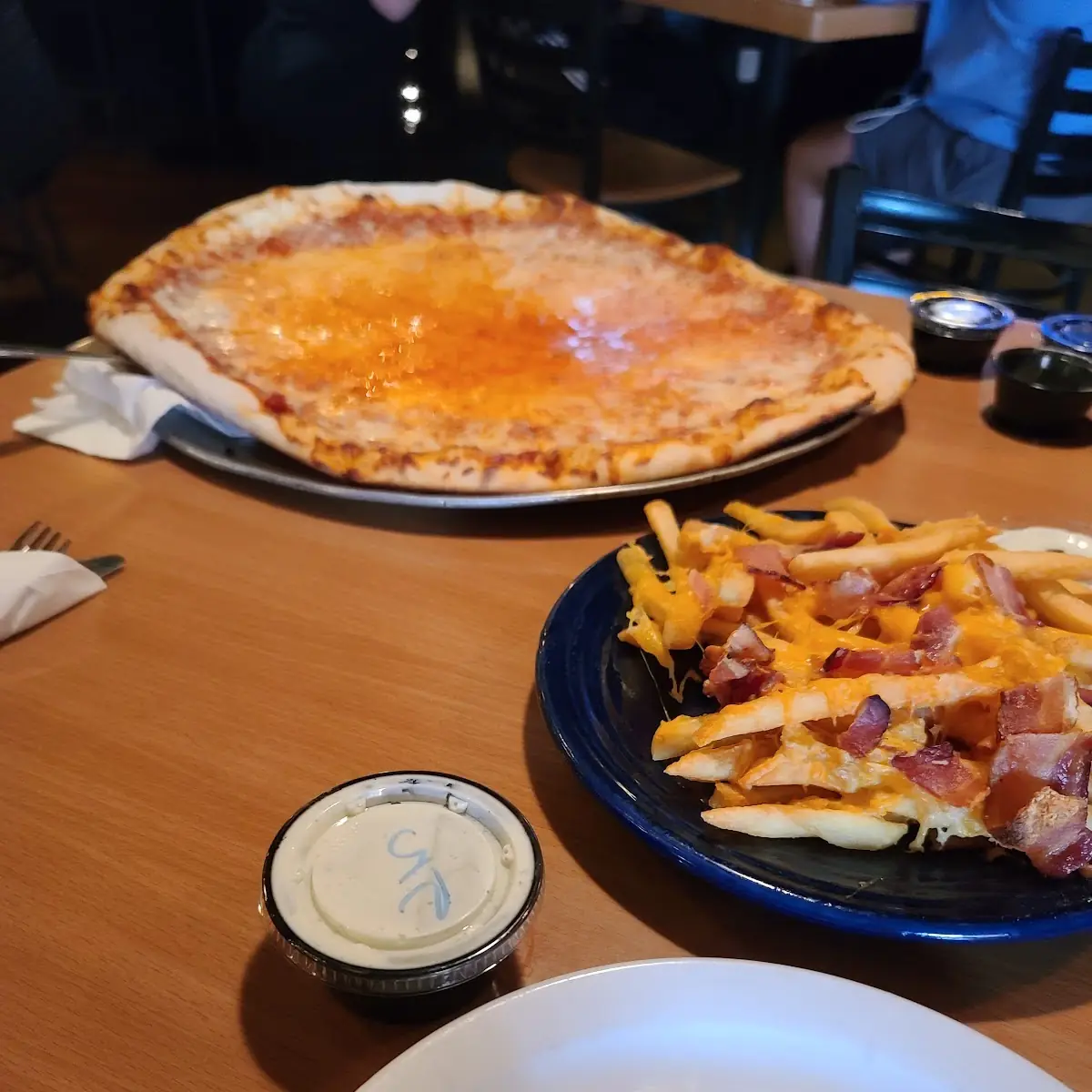 Cheese Pizza Bacon Cheese Fries and Ranvg