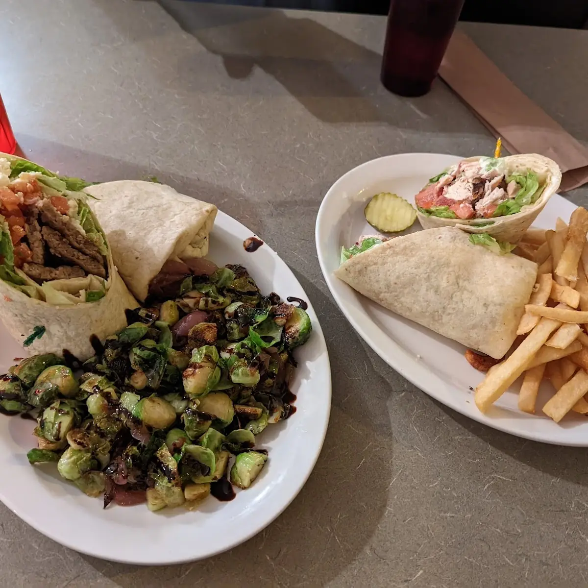 Gyro Wrap with Brussel Sprouts and Grilled Chicken Wrap with French Fries