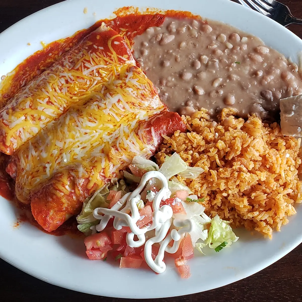 Chicken Enchiladas with Rice and Beans