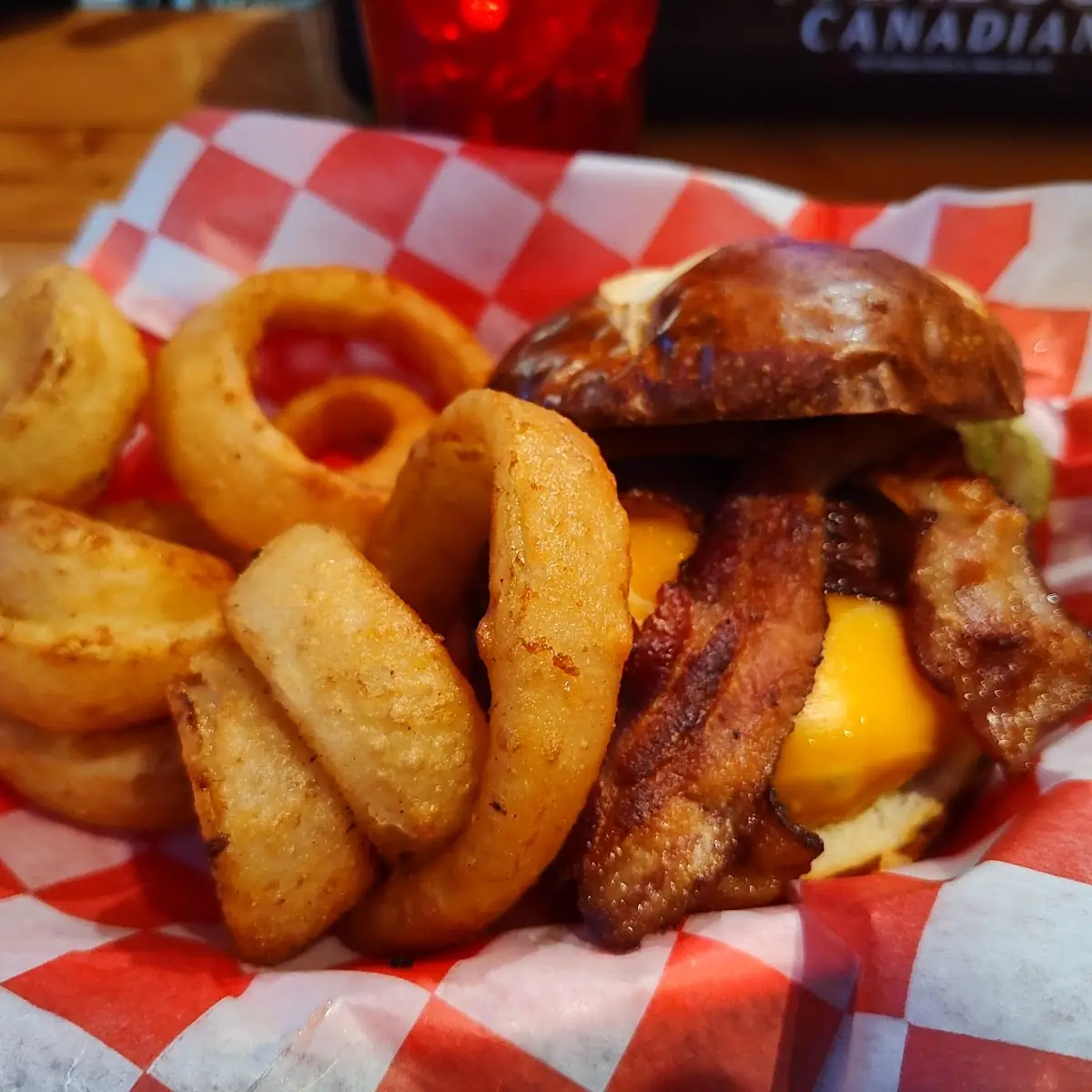 Bacon Cheeseburger and Onion Rings