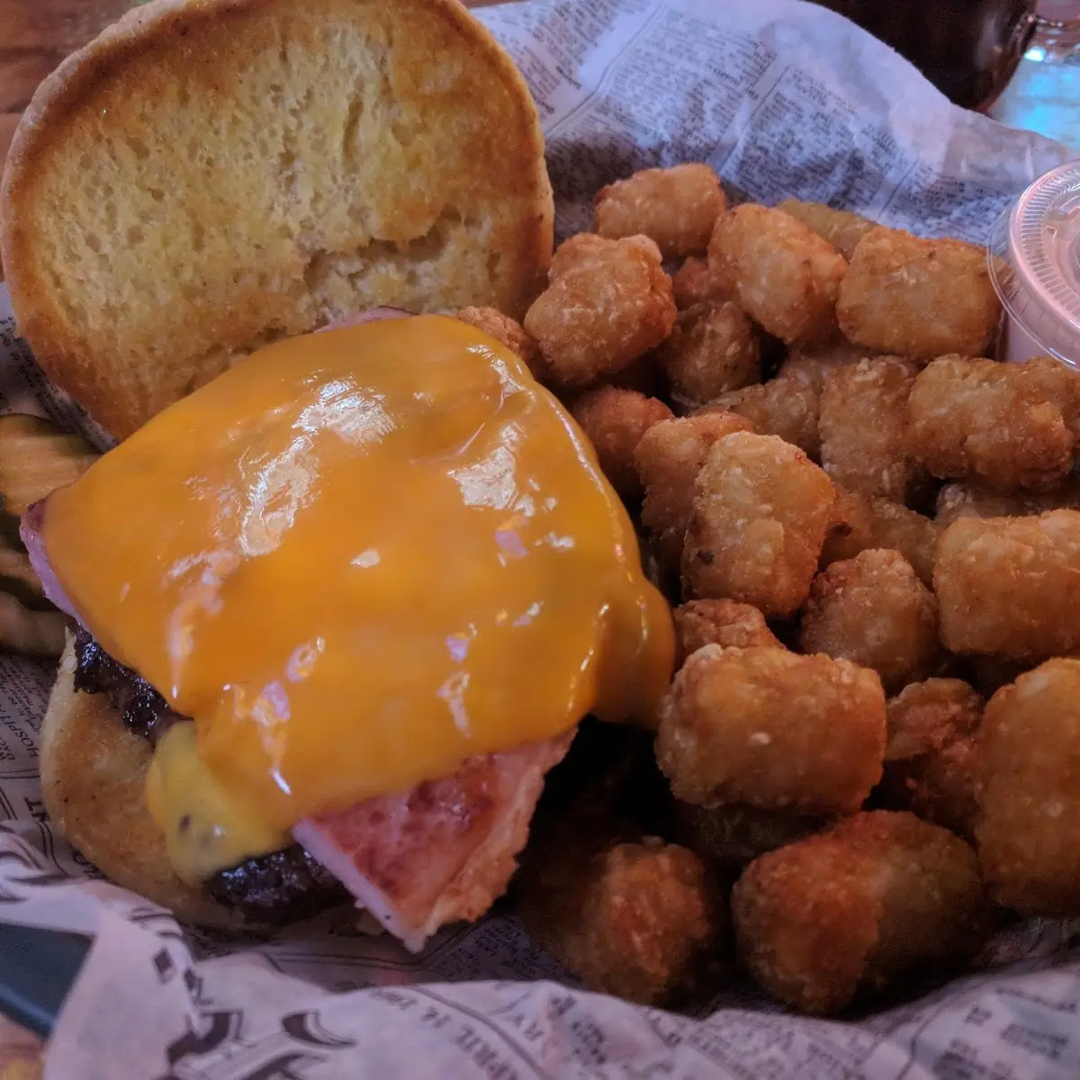 Ham and Cheddar Burger with Tots