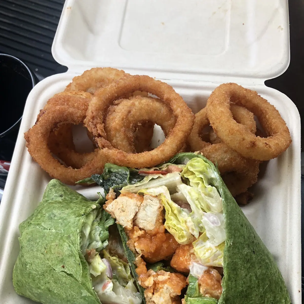 Chicken Wrap and Onion Rings