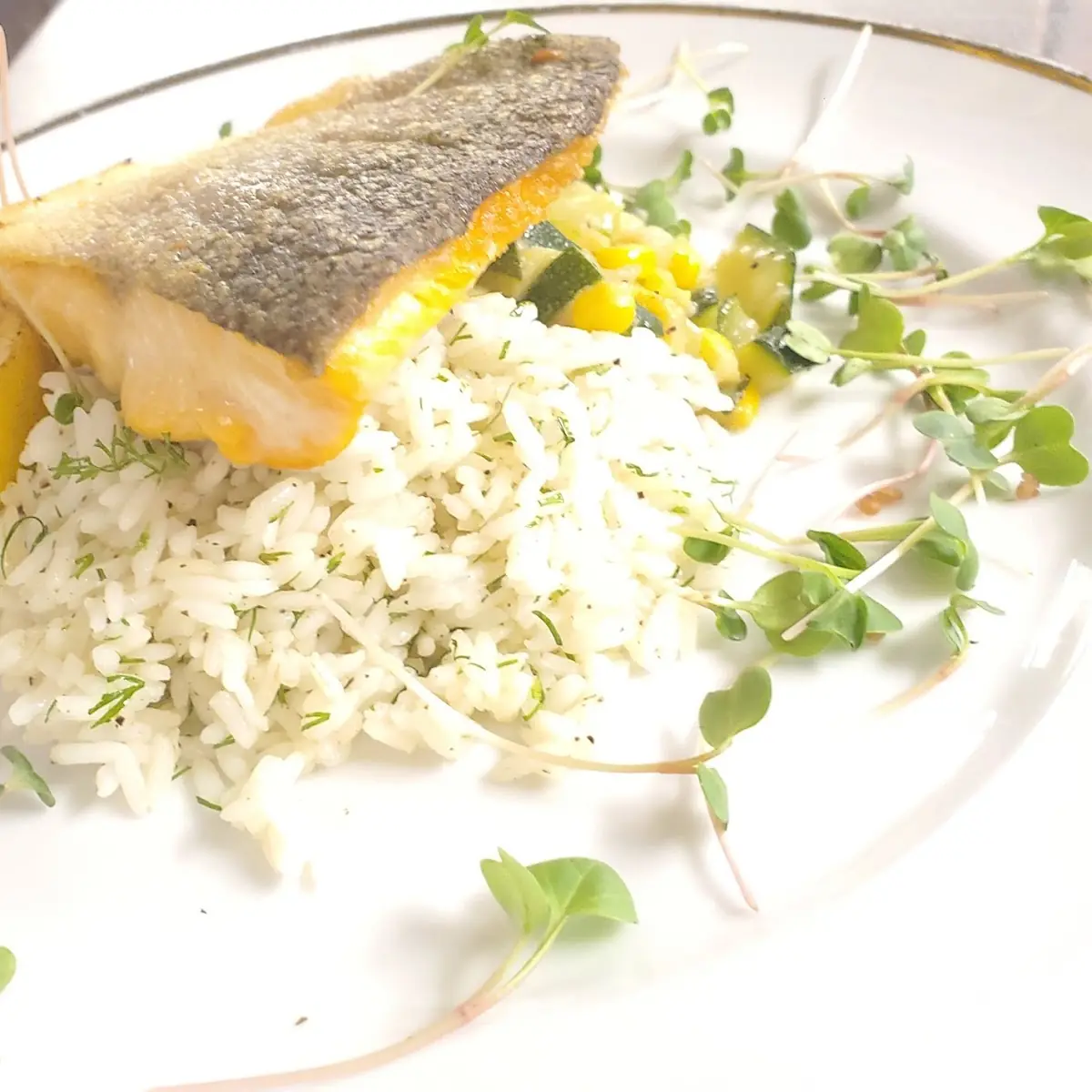 Arctic Char with Lemon Pepper Dill Rice and Squash Corn Succotash