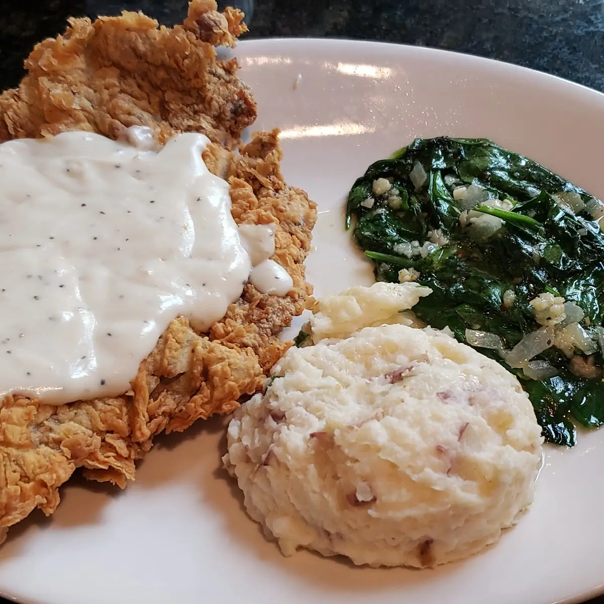 Chicken Fried Deer Steak Mashed Potatoes and Spinach