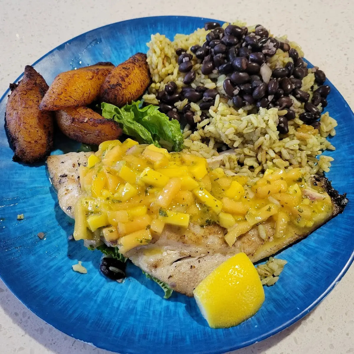 Mango and Black Beans with Rice and Fried Bananas