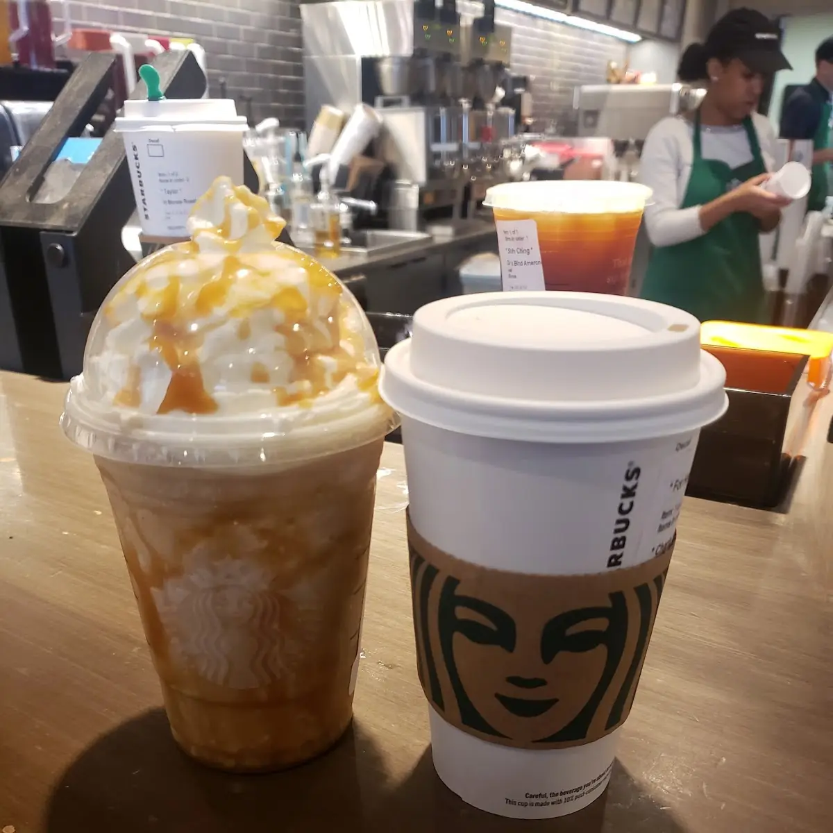 Caramel Frappe and Soy White Mocha