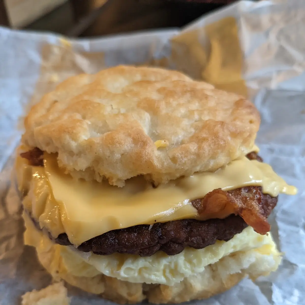 Double Bacon Sausage Egg and Cheese Biscuit