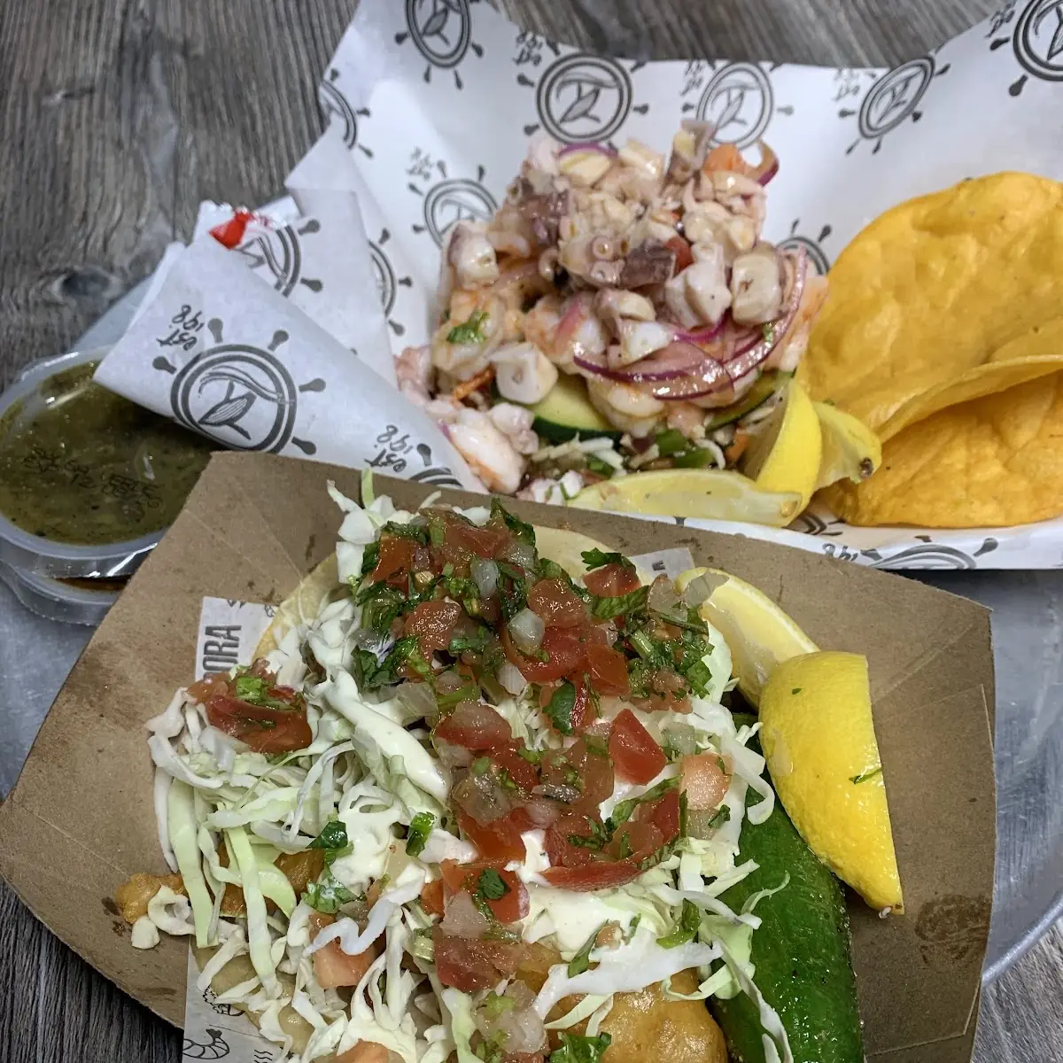 Fish Tacos and Ceviche Tostada