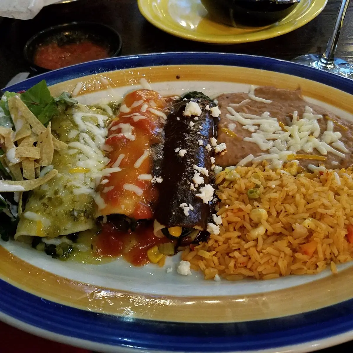 Spinach Enchiladas with Salsa Verde Ranchero Sauce and Mole