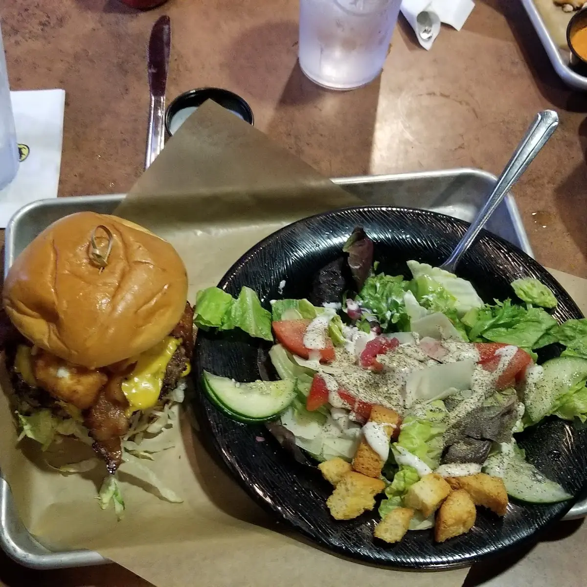 Cheese Curd Bacon Double Cheeseburger and Salad