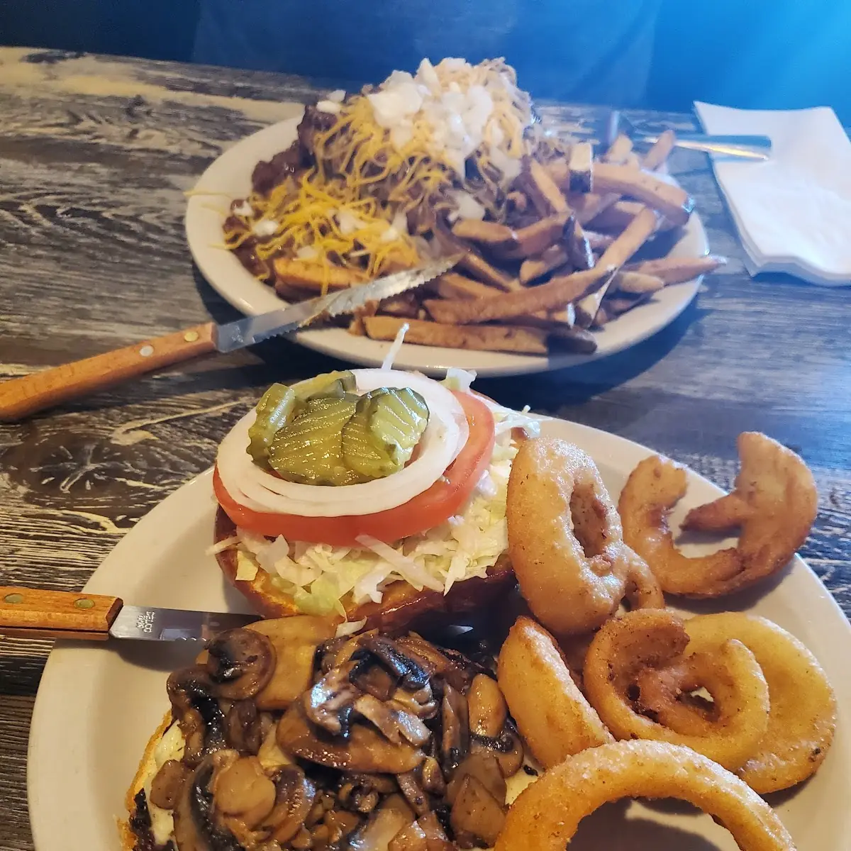 Mushroom Swiss Burger & Chili Cheese Burger
