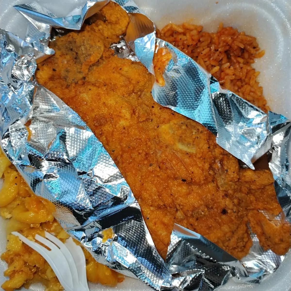 Fried Pork Chops Red Rice and Macaroni and Cheese