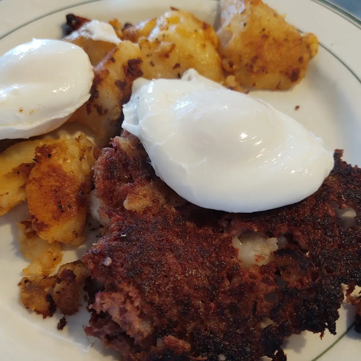 Homemade Corned Beef Hash with Poached Eggs