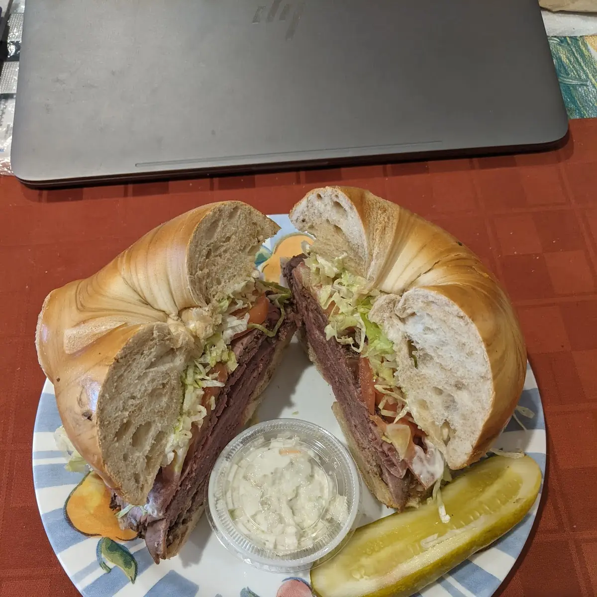 Roast Beef on a Rye Bagel Sandwich