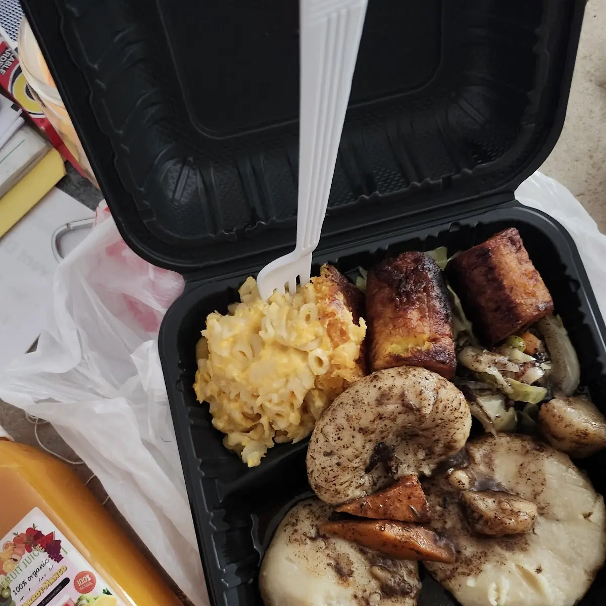 Mac& Cheese Cabbage Plantains Boiled Dumpling Brown Stew Gravy