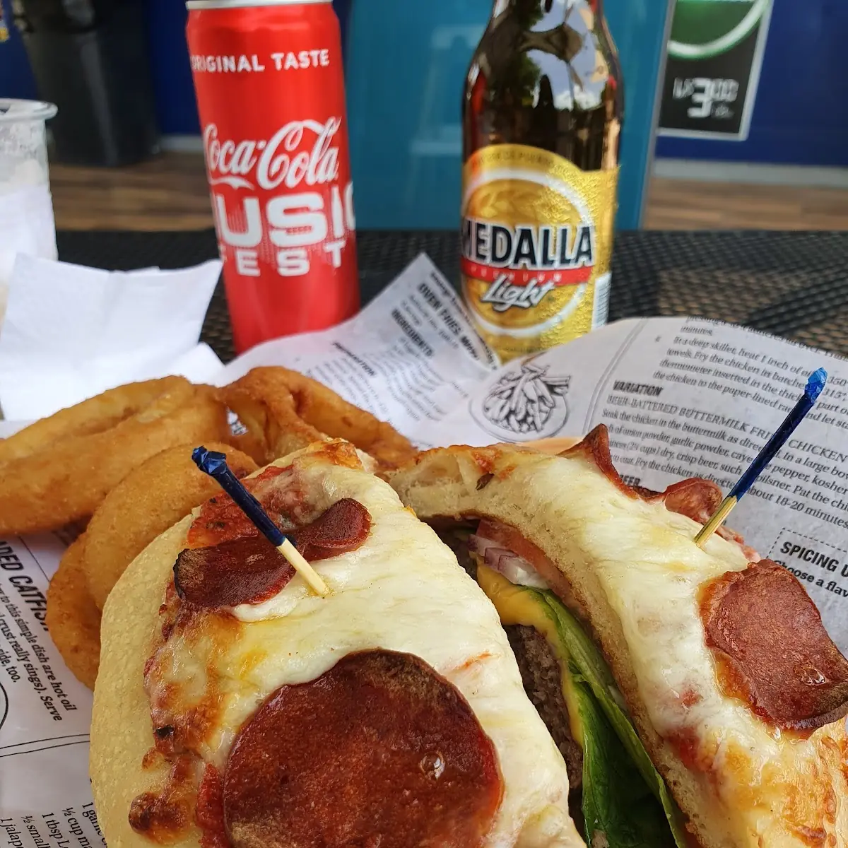 Pizza Burger with Onion Rings