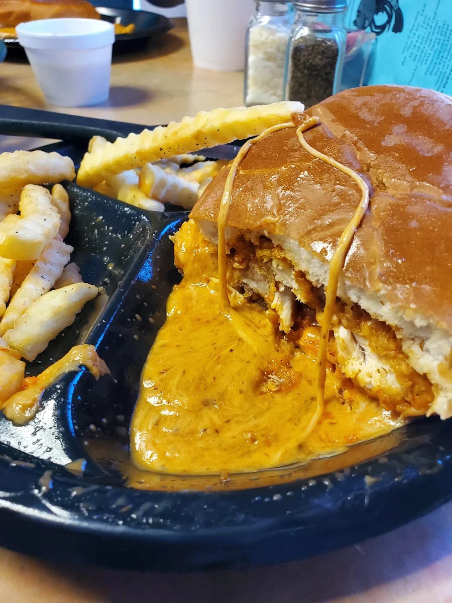 Buffalo Chicken Pizza Burger and Fries