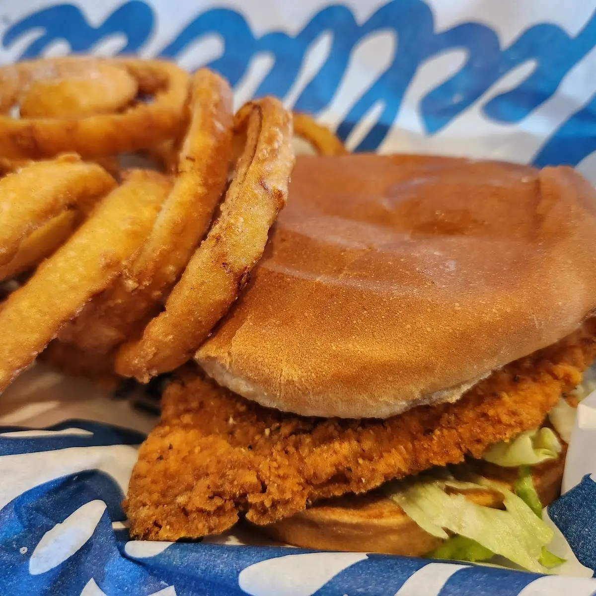 Spicy Chicken Sandwich w Onion Rings