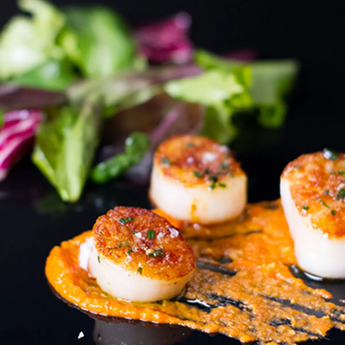Ensalada De Vieiras-Seared Scallops with Romesco and Spring Mixed Greens