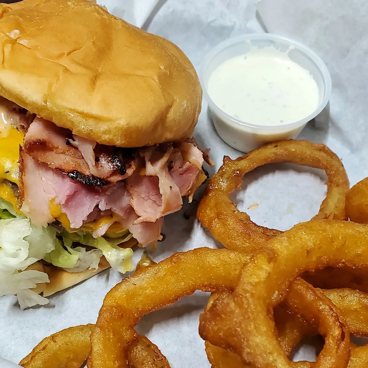 Cheeseburger with Ham & Onion Rings