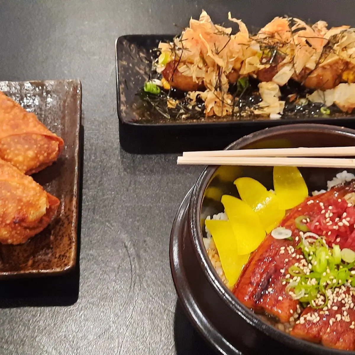 Unagi Don Spring Rolls and Takoyaki