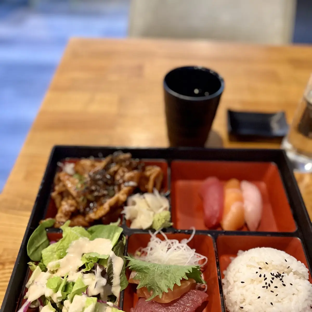 Three Item Bento Box Sashimi Tuna Assorted Tempura Chicken Teriyaki and Salad