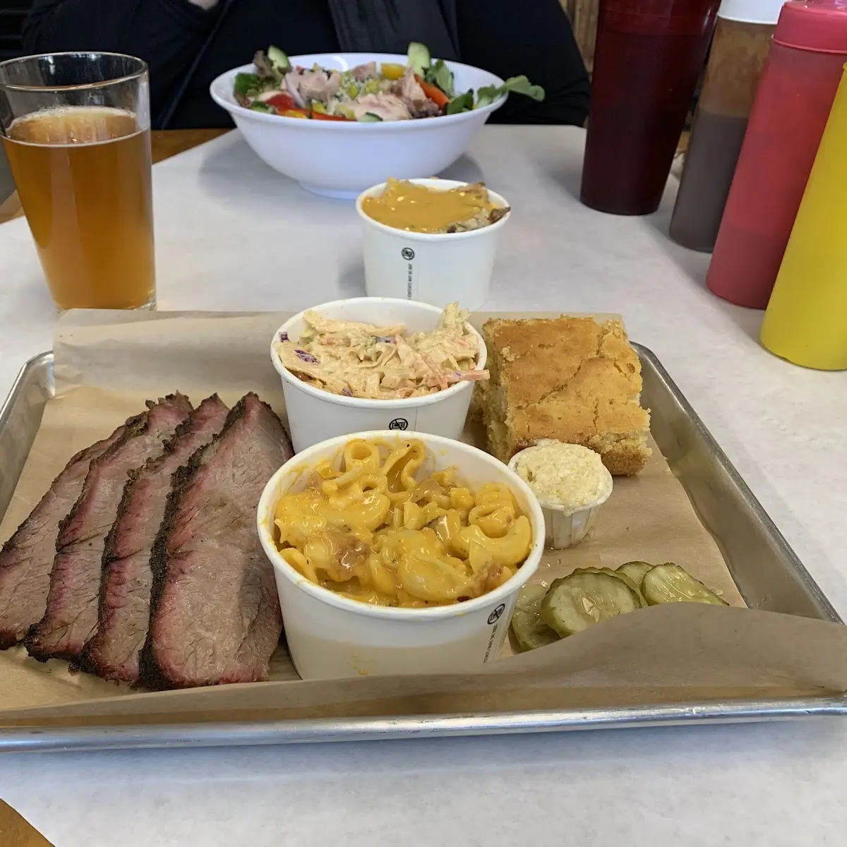 Beef Brisket with Mac & Cheese Cole Slaw and Corn Bread