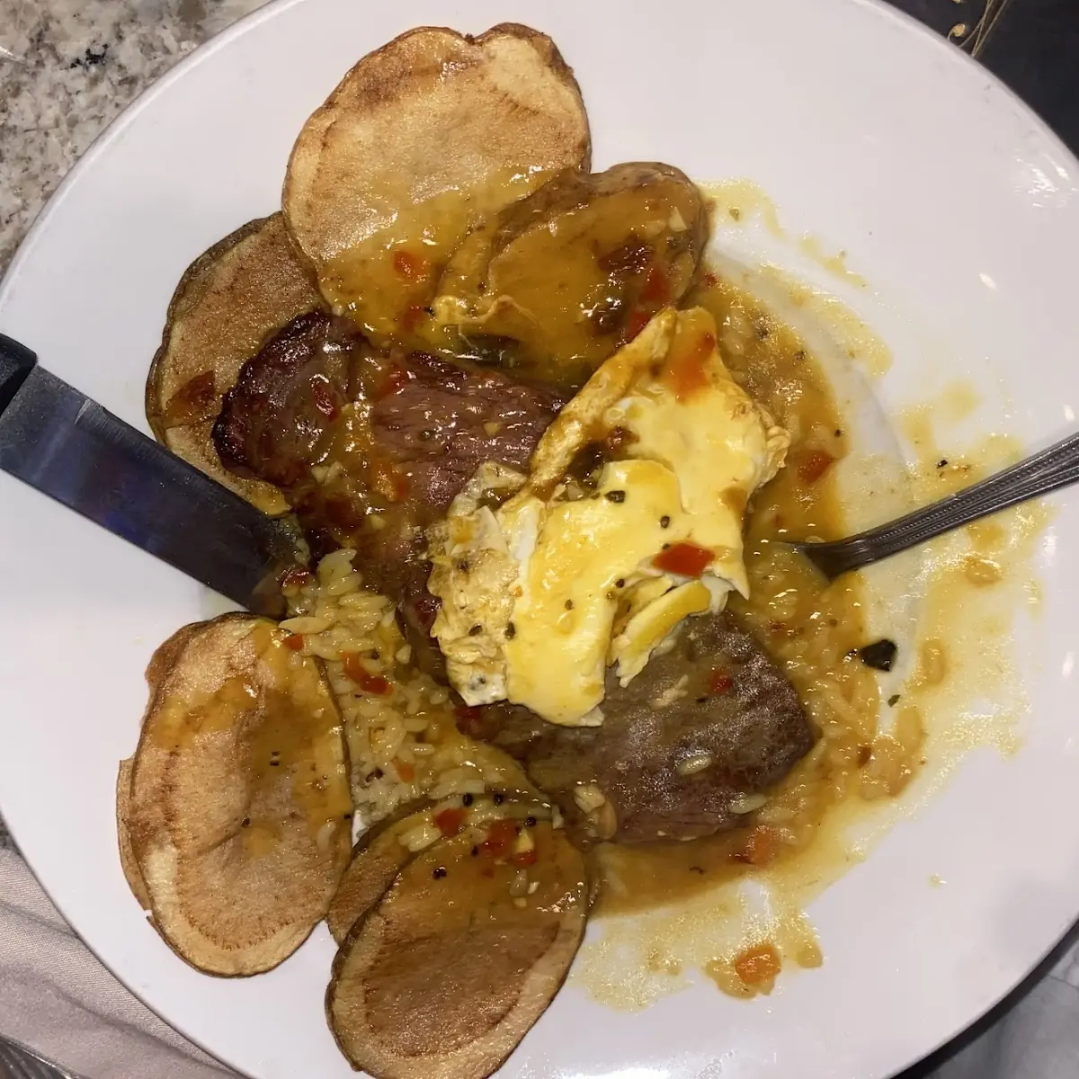 Portuguese Steak and Rice with Egg and Potatoes