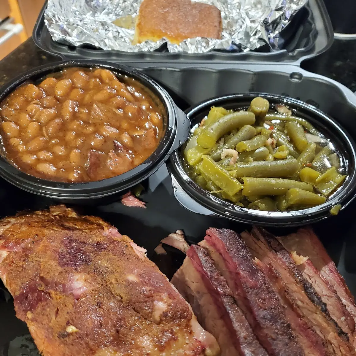 Brisket Ribs Green Beans & Baked Beans
