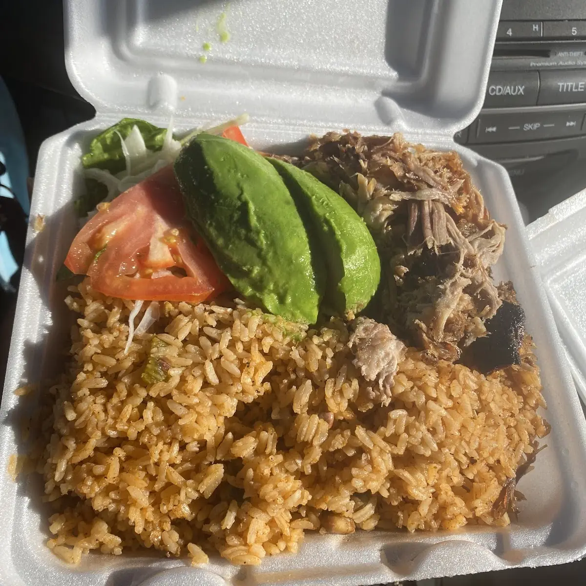 Yellow Rice Pernil Pork Avocado and Salad