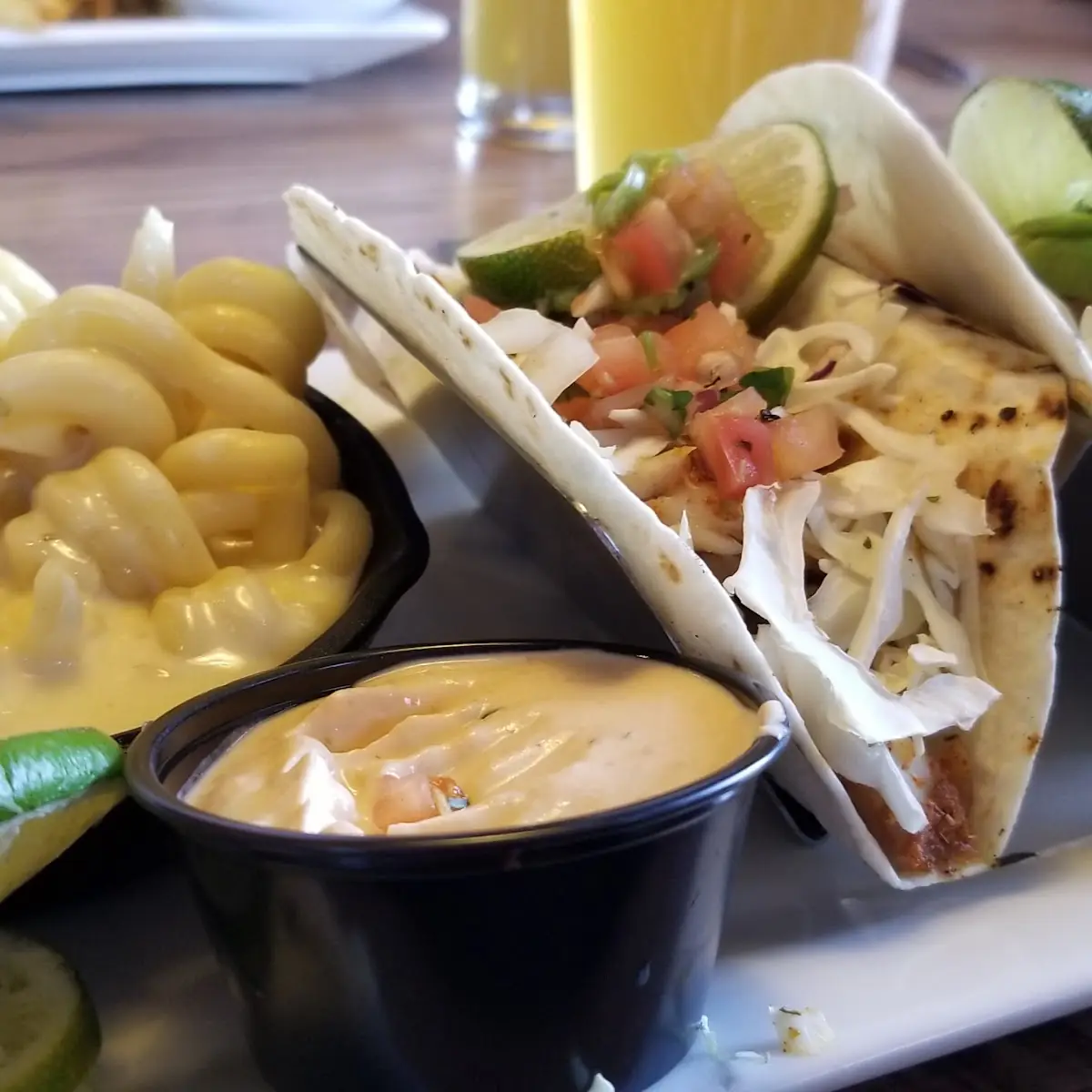 Blackened Fish Tacos with Mac and Cheese