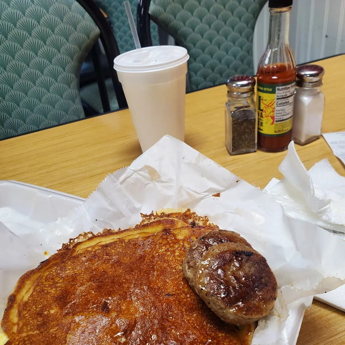 Pancakes Turkey Sausage and Eggs with Cheese