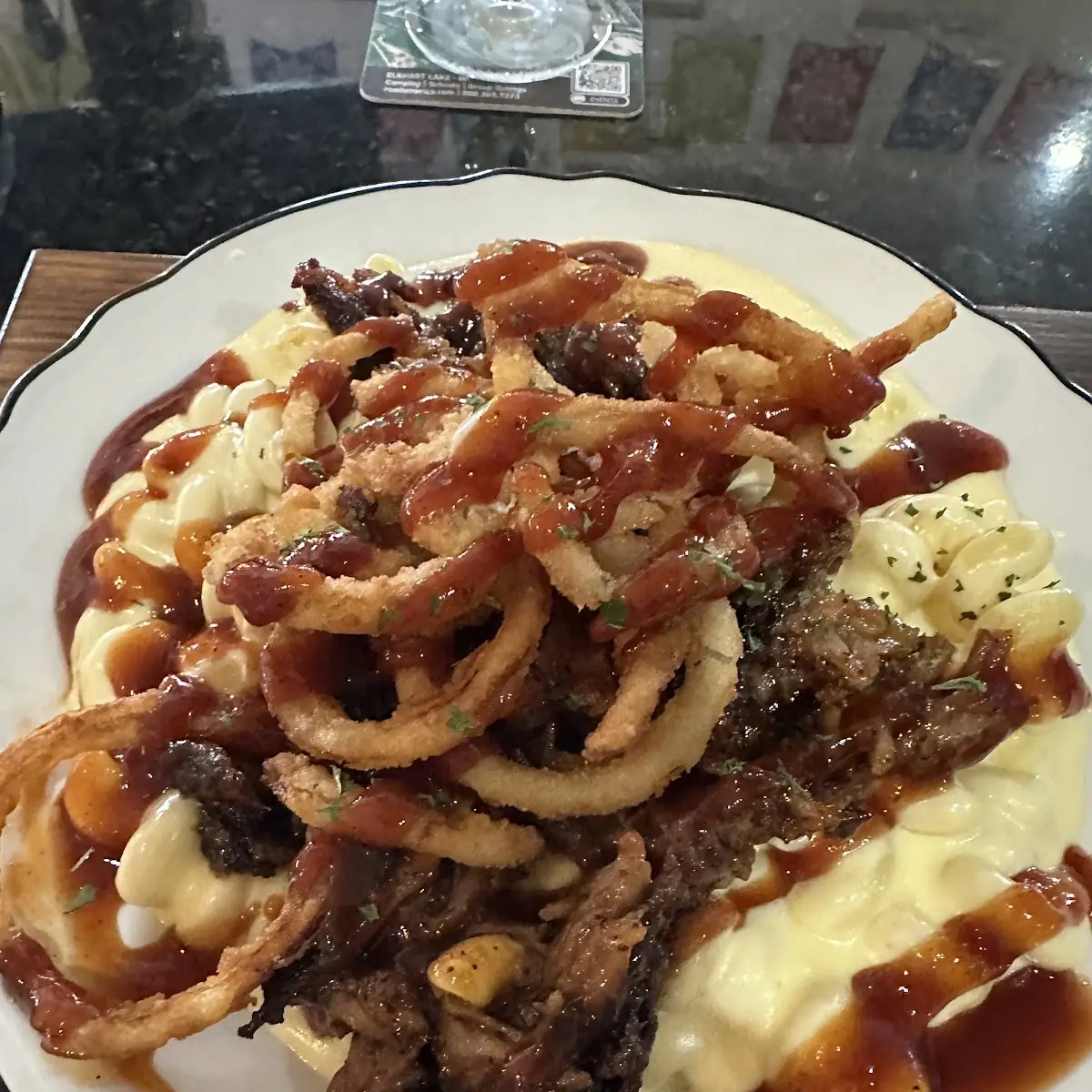 Brisket Mac N Cheese with Onion Rings