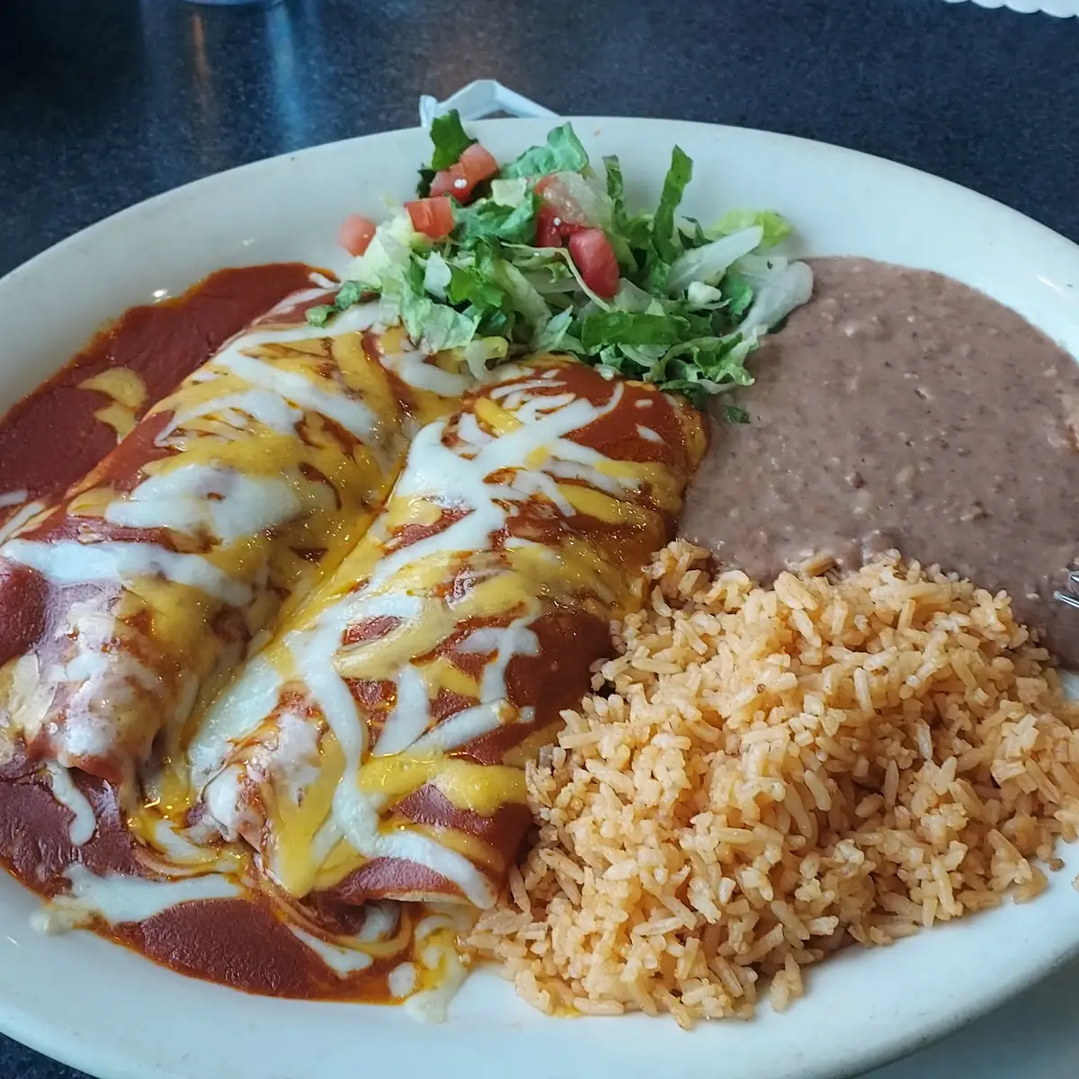 Two Cheese Enchiladas with Rice and Beans